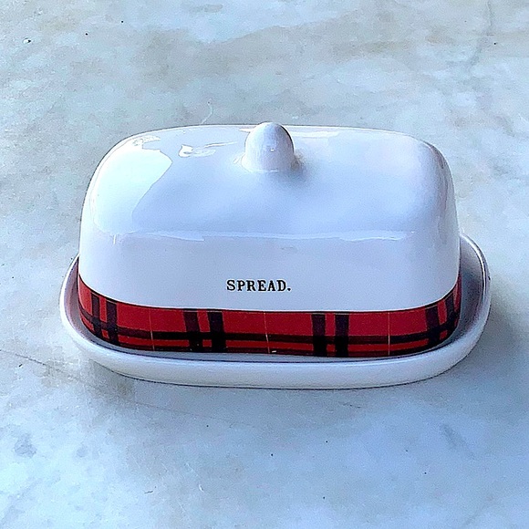 RAE DUNN SPREAD COVERED BUTTER DISH RED BLACK PLAID BAND 1 1/4TH LB 2PC - Picture 2 of 10